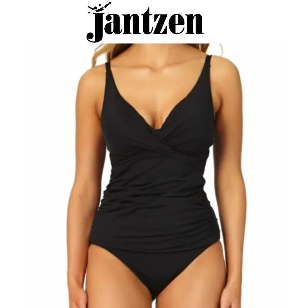 Jantzen Women's V-Neck Twist Front UPF 50 + Black One-Piece Swimsuit Size 16